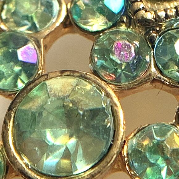 VTG 1960s Brooch Green Cabochons Rhinestones Starburst Sparkling Opal-Look MCM - Picture 7 of 15